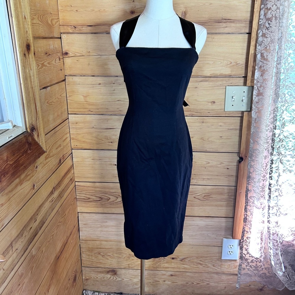 Vintage Halter Wiggle Dress Size Medium Black Satin Bow Sash Lucky 13 Rockabilly